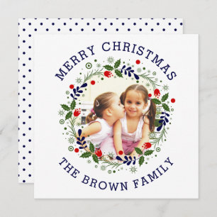 Navy blue Merry Christmas, floral wreath photo Holiday Card