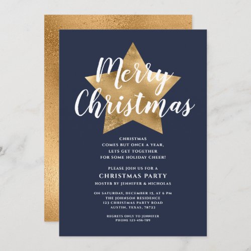 Navy Blue Merry Christmas Gold Christmas Party Invitation