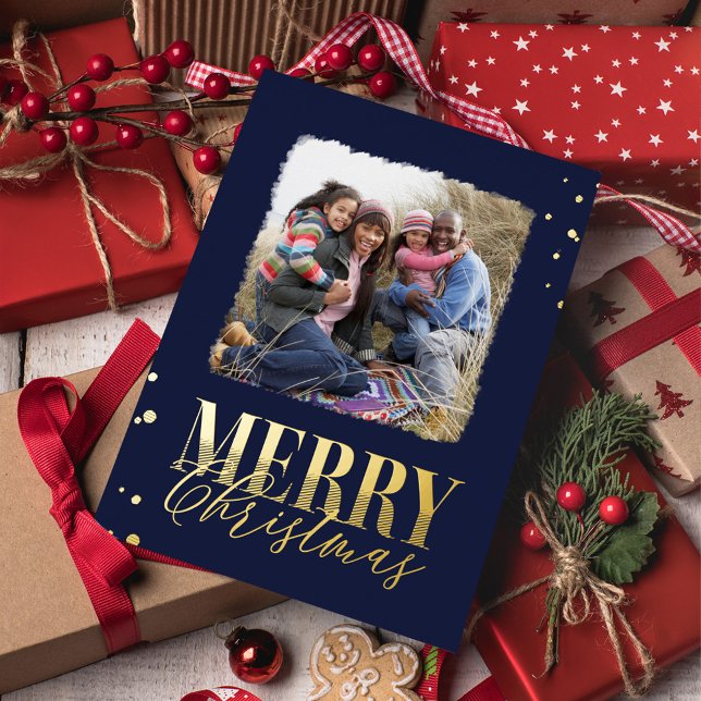 Navy Blue Merry Christmas Gold Photo  Foil Holiday Postcard (Gold foil stylish calligraphy and block lettering style photo postcard with navy blue background.)