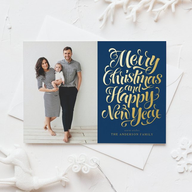 Navy Blue Merry Christmas & Happy New Year Photo Foil Holiday Card (Creator Uploaded)