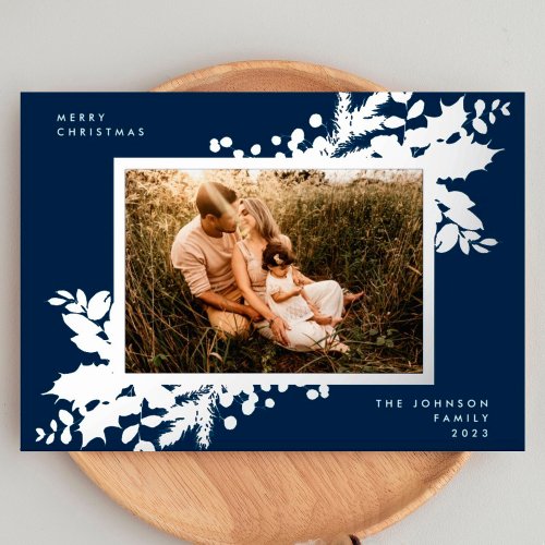 Navy Blue Merry Christmas Holly Photo Silver Foil Holiday Card