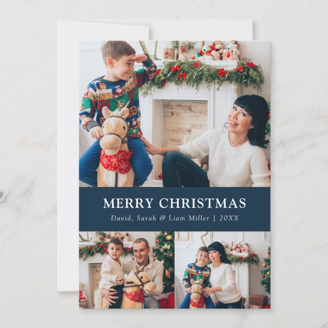 Navy Blue Merry Christmas Photo Collage Card (Front)