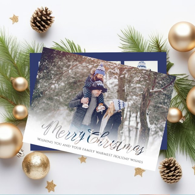 Navy Blue Merry Christmas Photo Collate Holiday Card (The editable navy blue background on the backside. This card holds four photos. )