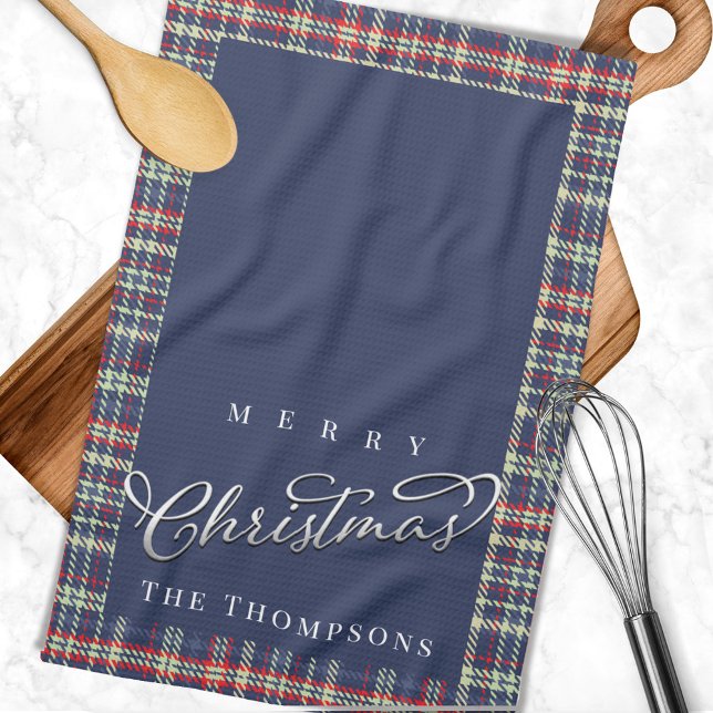 Navy Blue Merry Christmas Plaid Custom Kitchen Towel (Merry Christmas custom plaid kitchen towel.)