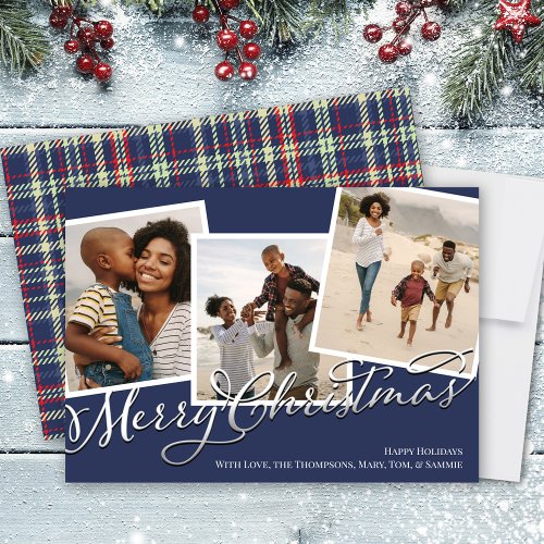 Navy Blue Merry Christmas Plaid Photo Collage Holiday Card