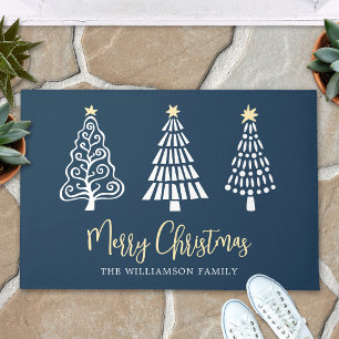 Navy Blue Merry Christmas Script Trees Bold Custom Doormat