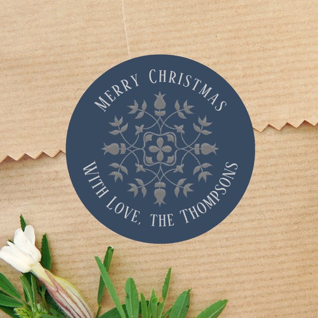 Navy Blue Merry Christmas Snowflake Custom Classic Round Sticker (Merry Christmas elegant silver snowflake round circle gift label sticker. )