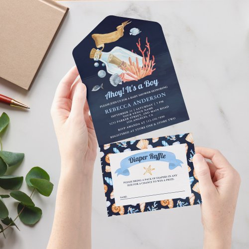 Navy Blue Message in a Bottle Nautical Baby Shower All In One Invitation