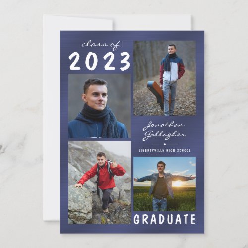 Navy Blue Metallic 5 Photo Collage Graduation  Announcement