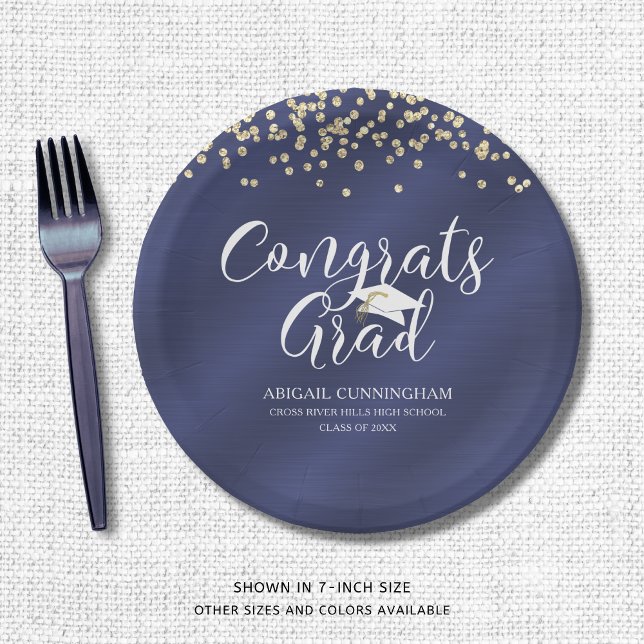 Navy Blue  Metallic CONGRATS GRAD Confetti  Paper Plates (Creator Uploaded)