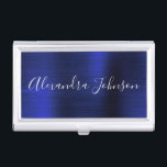 Navy Blue Metallic Foil Modern Business Business Card Case<br><div class="desc">Navy Blue Foil Metallic Stainless Steel Minimalist Business Card Holder with white lettered script signature typography for the monogram. The Foil Metal Business Card Holders can be customized with your name. Please contact the designer for customized matching items.</div>