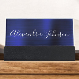 Navy Blue Metallic Foil Modern Business Desk Business Card Holder