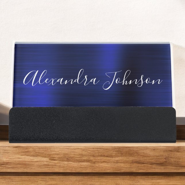 Navy Blue Metallic Foil Modern Business Desk Business Card Holder (Creator Uploaded)