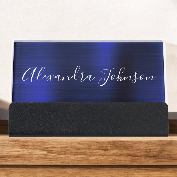 Navy Blue Metallic Foil Modern Business Desk Business Card Holder