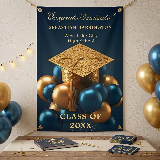 Navy Blue Metallic Gold Balloon Graduation Party Banner (Creator Uploaded)
