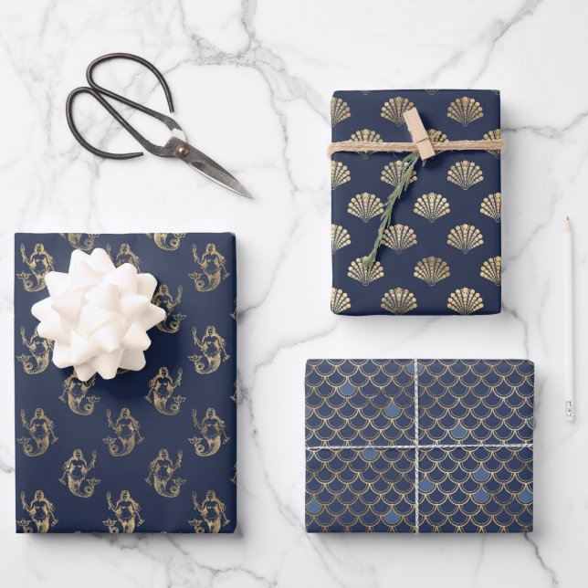 Navy Blue Metallic Gold Mermaid Party Gifts Decor Wrapping Paper Sheets (Front)