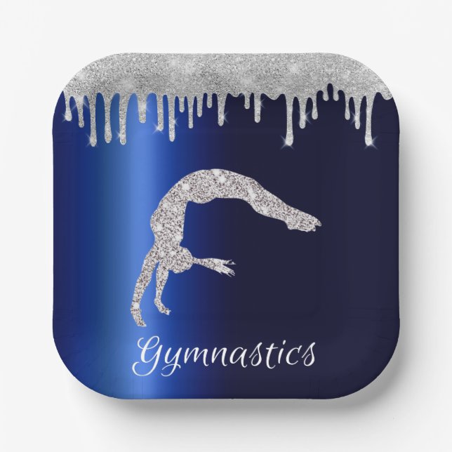 Navy Blue Metallic Silver Sparkle Gymnastics Paper Plates (Front)