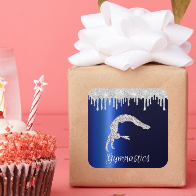 Navy Blue Metallic Silver Sparkle Gymnastics Square Sticker (Party)