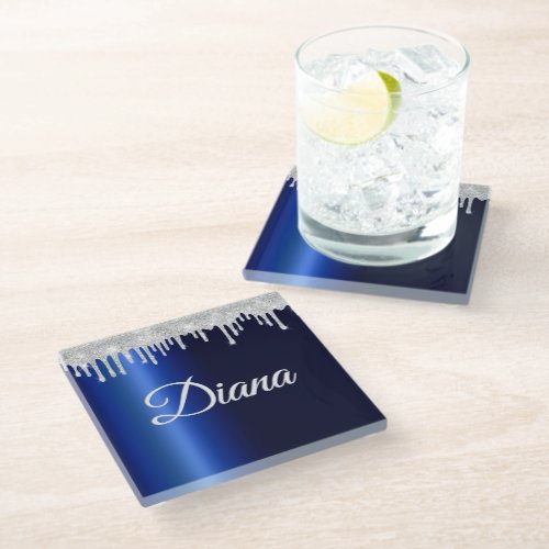 Navy Blue Metallic Silver Sparkle Personalized Glass Coaster