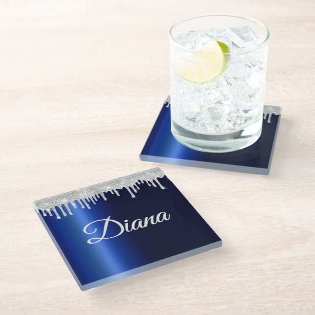 Navy Blue Metallic Silver Sparkle Personalized Glass Coaster (Angled)