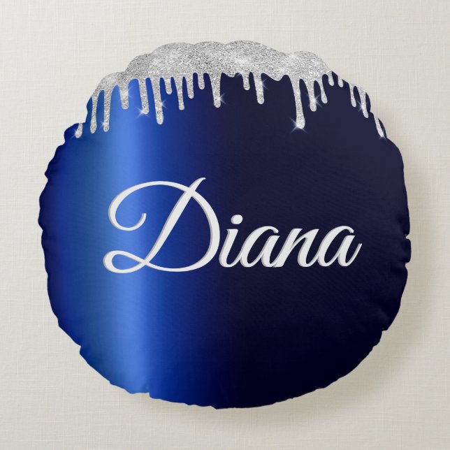 Navy Blue Metallic Silver Sparkle Personalized Round Pillow (Front)