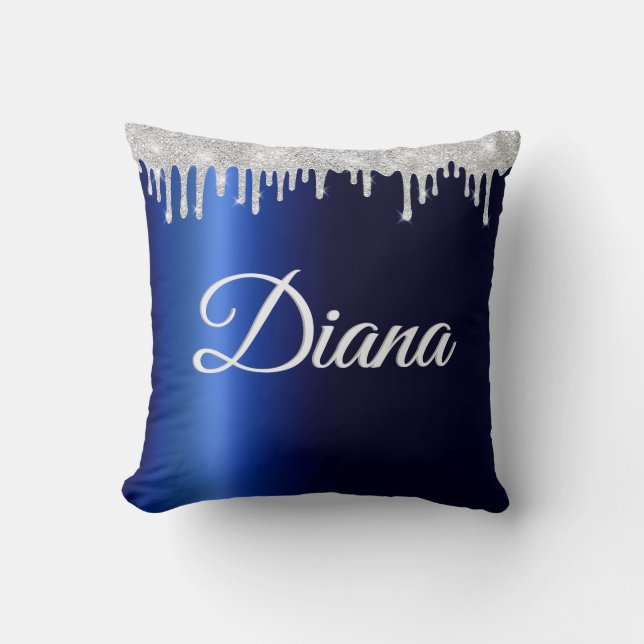 Navy Blue Metallic Silver Sparkle Personalized Throw Pillow (Front)