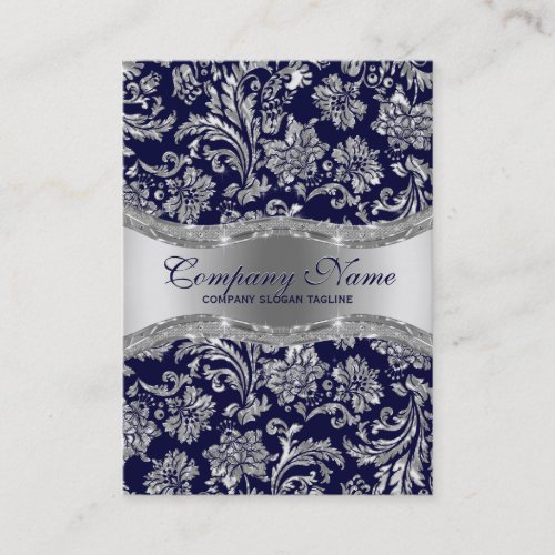 Navy Blue  Metallic Silver Vintage Damasks Business Card