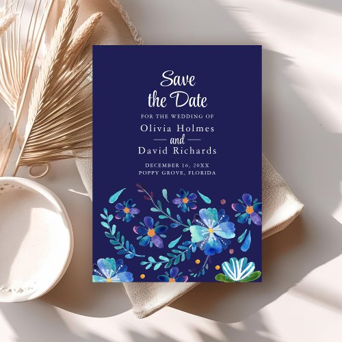 Navy Blue Mexican Floral Fiesta Save the Date Card