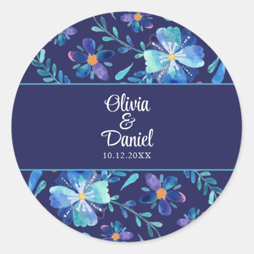 Navy Blue Mexican Floral Fiesta Wedding  Classic Round Sticker