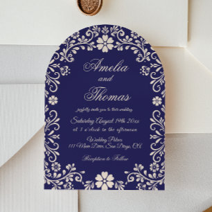 Navy Blue Mexican Floral Wedding Invitation