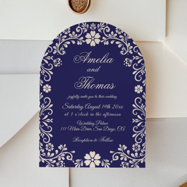 Navy Blue Mexican Floral Wedding Invitation (Creator Uploaded)