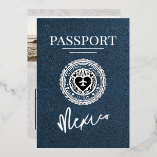 Navy Blue Mexico Passport Wedding Foil Invitation