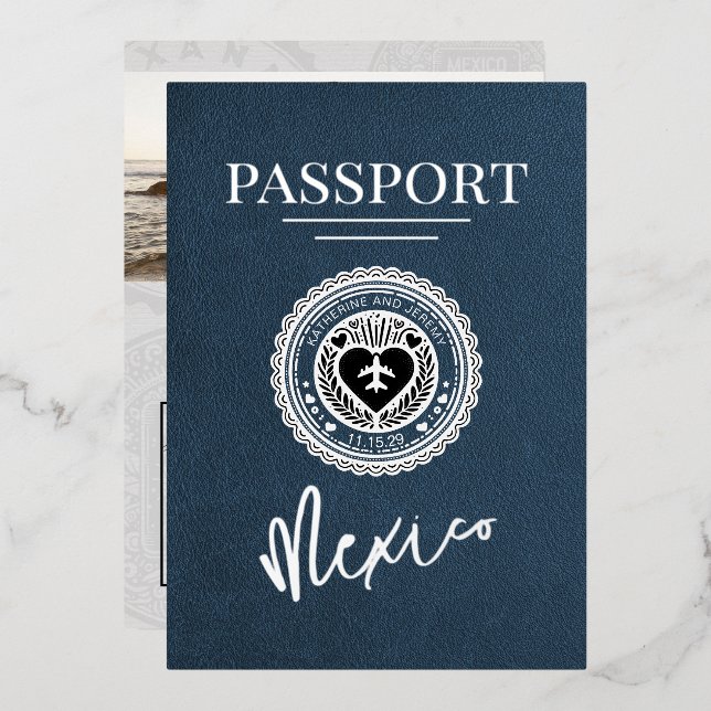 Navy Blue Mexico Passport Wedding Foil Invitation (Front/Back)