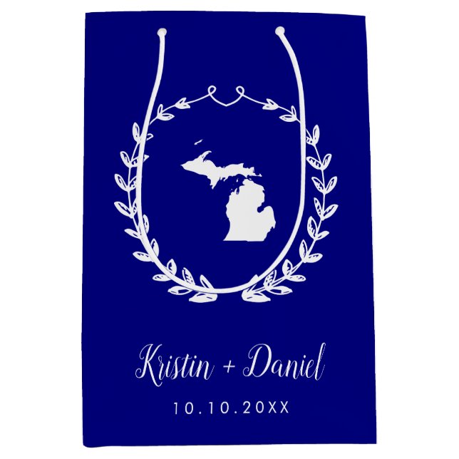 Navy Blue Michigan Map Wedding Welcome Swag Medium Gift Bag (Front)