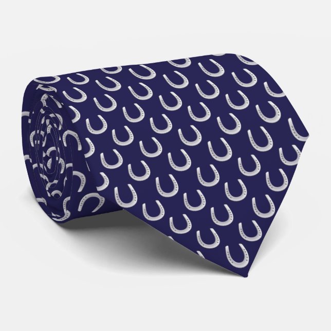 Navy Blue Micro Horseshoe Print Derby Necktie (Rolled)
