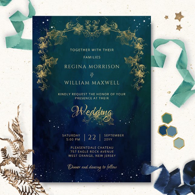 Navy Blue Mid Summer Night Dream Celestial Wedding Invitation (Creator Uploaded)