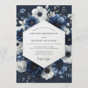 Navy Blue Midnight Floral Wedding Invitation