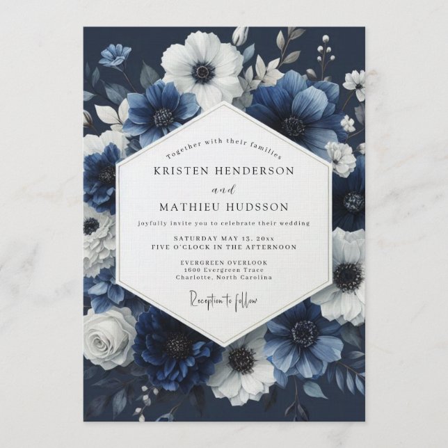 Navy Blue Midnight Floral Wedding Invitation (Front)