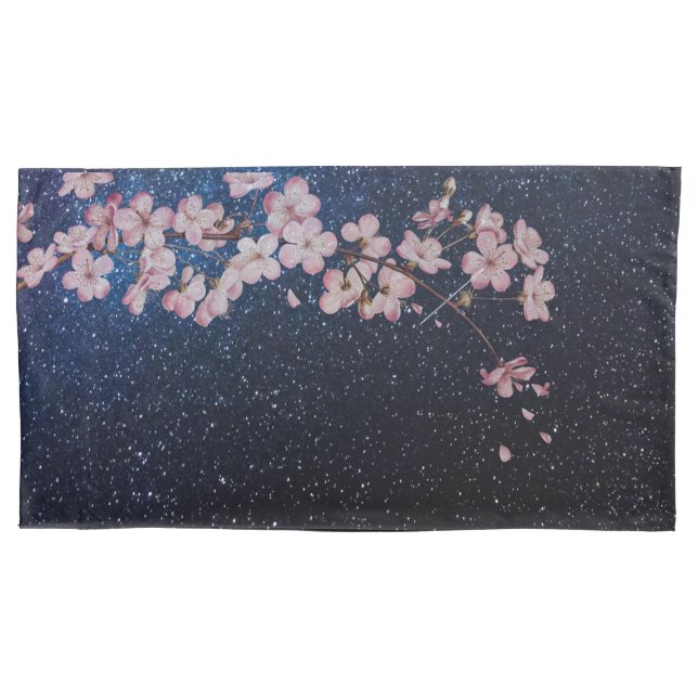 Navy Blue Milkyway Nightsky Galaxy Cherry Blossom Pillow Case (Front)
