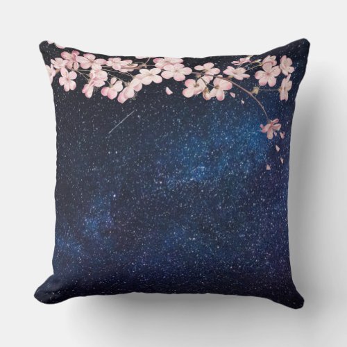 Navy Blue Milkyway Nightsky Galaxy Cherry Blossom Throw Pillow