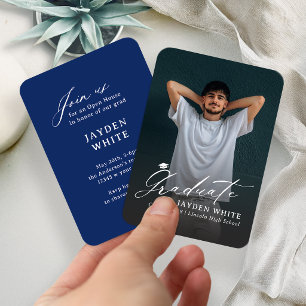 Navy Blue Mini Modern Script Photo Graduation Enclosure Card