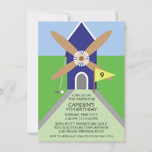 Navy Blue Miniature Golf Windmill Birthday Party Invitation