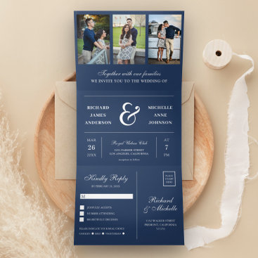Navy Blue Minimal 3 in 1 Photo Collage Wedding Tri-Fold Invitation
