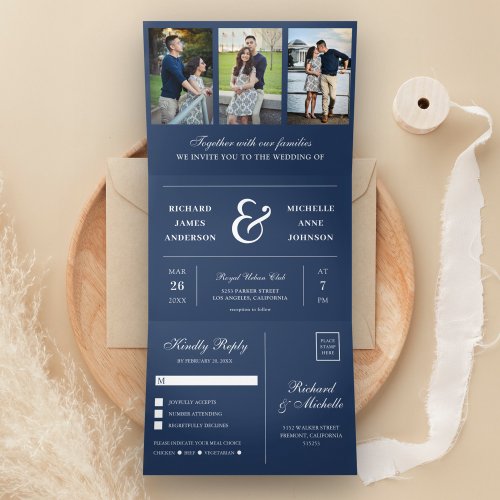 Navy Blue Minimal 3 in 1 Photo Collage Wedding Tri_Fold Invitation