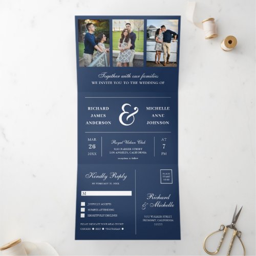 Navy Blue Minimal 3 in 1 Photo Collage Wedding Tri_Fold Invitation