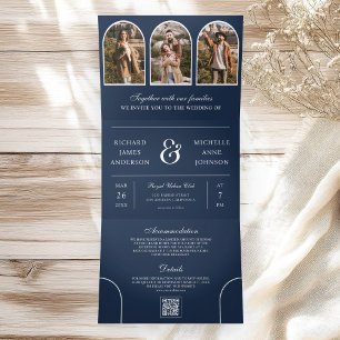 Navy Blue Minimal Arch Photo QR code Wedding Tri-Fold Invitation