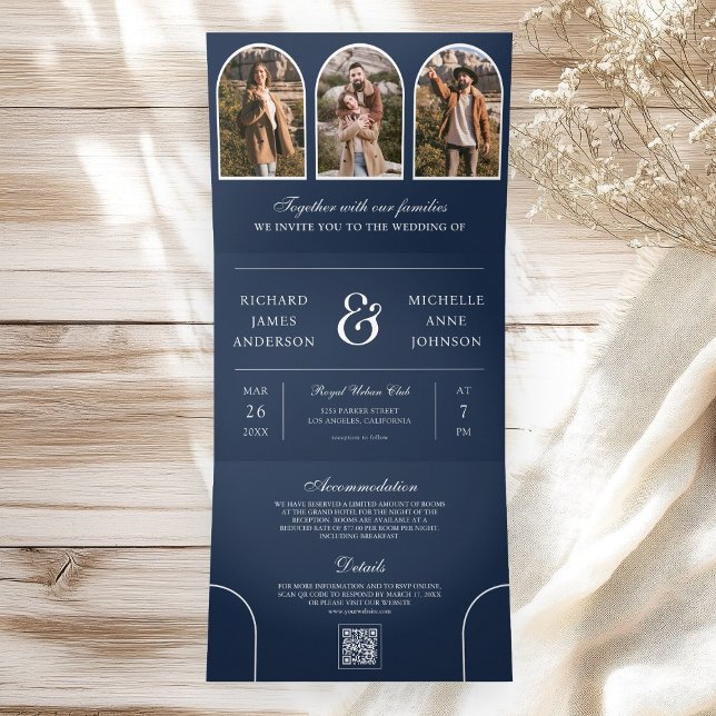 Navy Blue Minimal Arch Photo QR code Wedding Tri-Fold Invitation (Creator Uploaded)