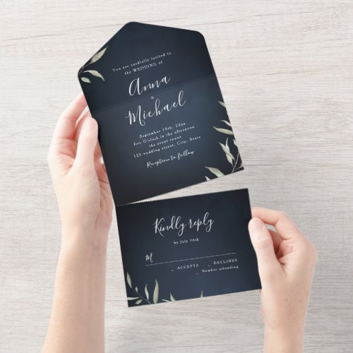 Navy blue minimal greenery rustic wedding all in one invitation