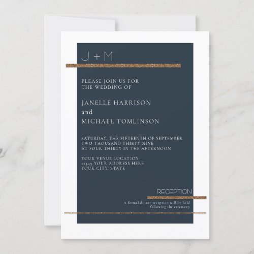 Navy Blue Minimal Modern Gold White Wedding Simple Invitation