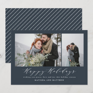 Navy blue minimal photo collage christmas script holiday card
